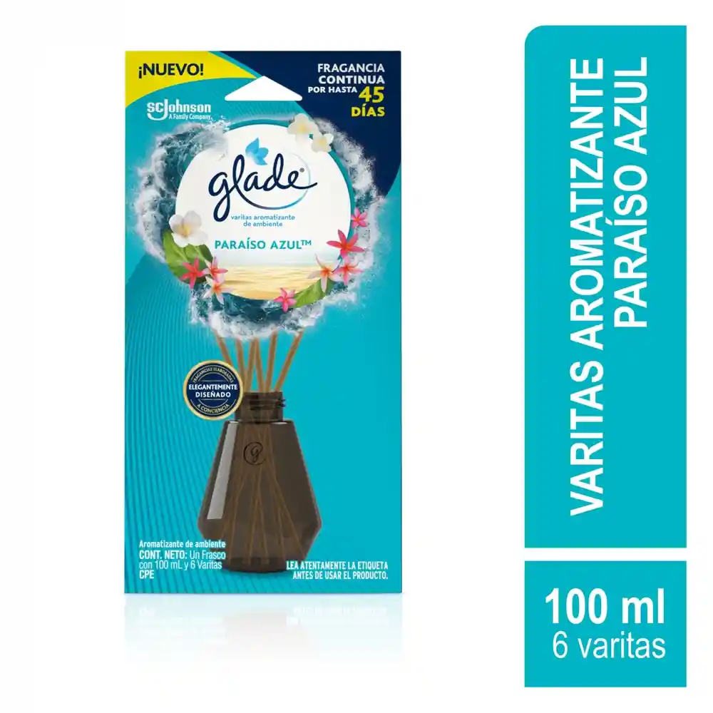 Glade  Varitas Aromatizante Paraíso Azul™ Frasco con 100 ml y 6 Varitas