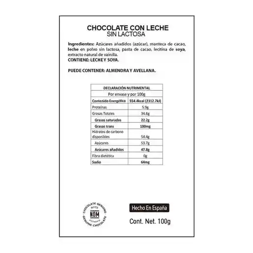Valor Chocolate Leche Sin Azucar Anadida