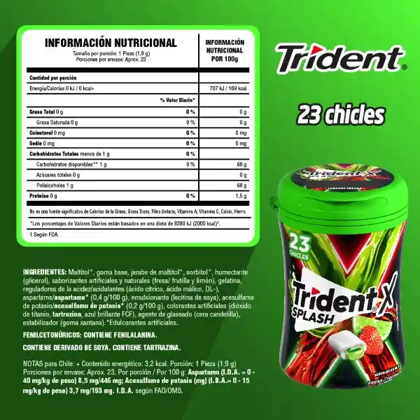 Chicle Trident Splash Sin Azúcar Sabor Frutilla Limón 23 und