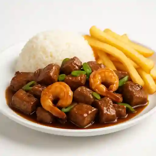 Carne y Camaron con Arroz y Papas Fritas