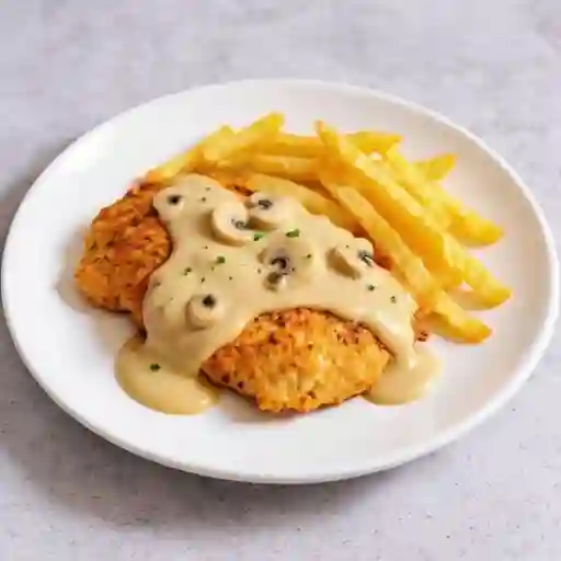 Pollo champiñón con papas fritas
