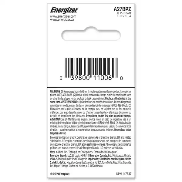 Energizer Pila Alcalina A27 12V