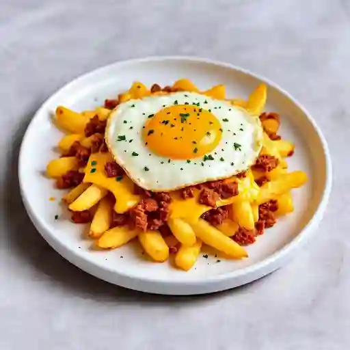 Papas Fritas + Queso Cheddar Y Gouda + Chorizo + Huevo (Grande)
