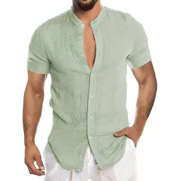 Camisa de Lino Manga Corta Cuello Mao Verde