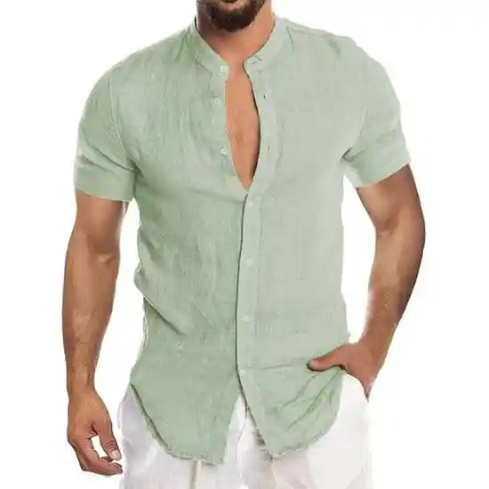 Camisa de Lino Manga Corta Cuello Mao Verde