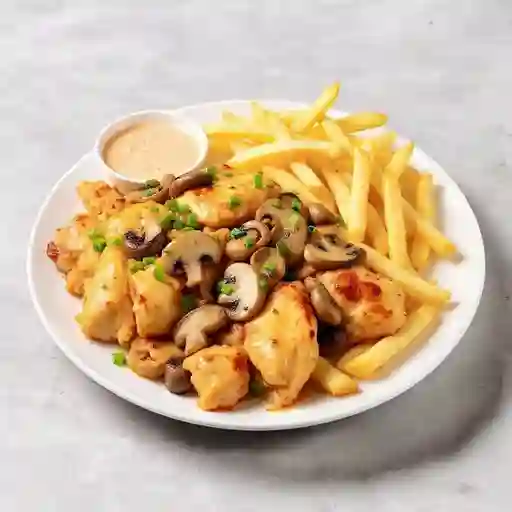 Pollo Champnion con Papa Fritas