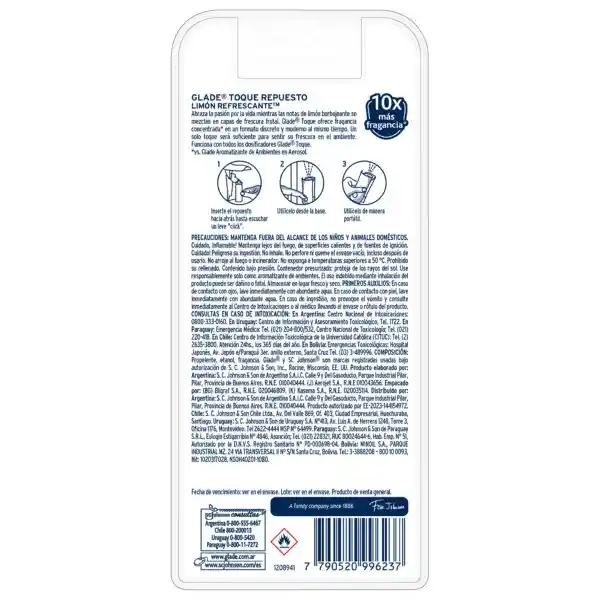 Aromatizante Ambientes Glade Limón Repuesto Pack 9 g x 2 Und