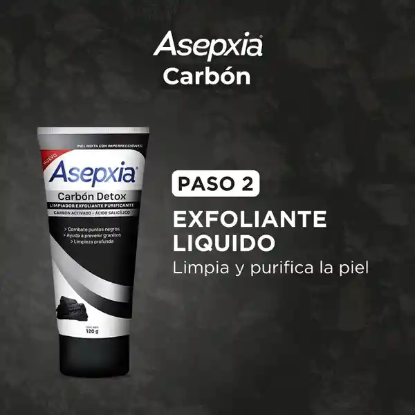 Asepxia Kit Carbón Limpiador Líquido + Exfoliante + Peel Off