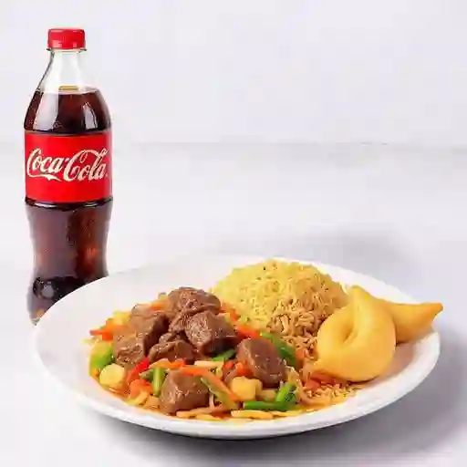 Colacion Chapsui De Carne Con Arroz Chaufan+5 Unidades De Wantan Fritos + Bebida 350mi, Sabor Coca Cola O Fanta.