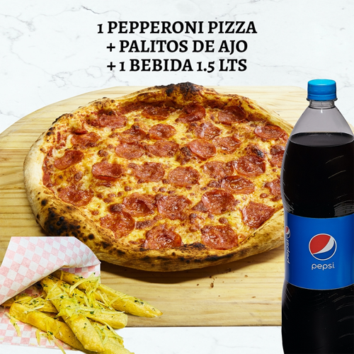 Pizza Peppero, Palitos de Ajo y Bebida