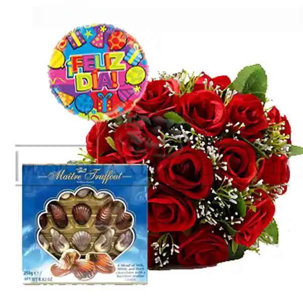 Regalo Sorpresa Ramo 12 Rosas + Globo + Bombones