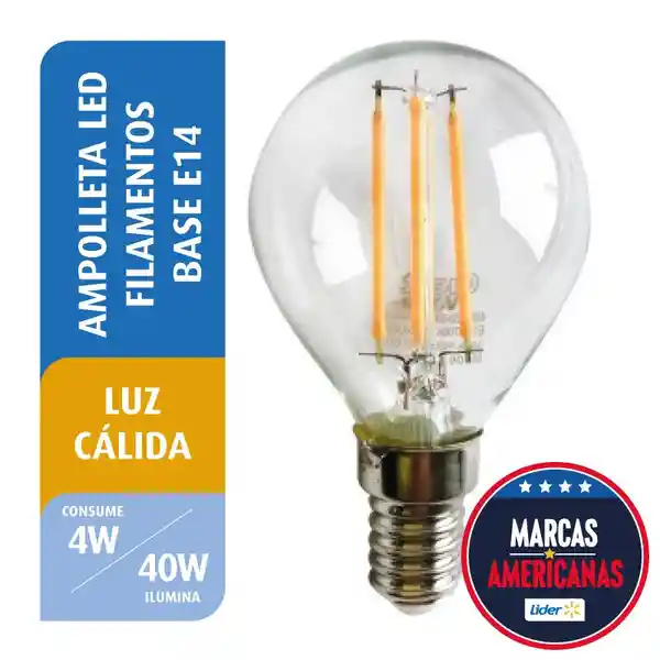 Ampolleta Led Filamento Mini Bola 4W Luz Cálida E14 Great Value