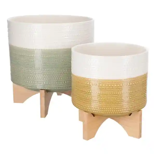 Maceta de Cerámica Con Base de Bambú 27 x 21 cm Casaideas
