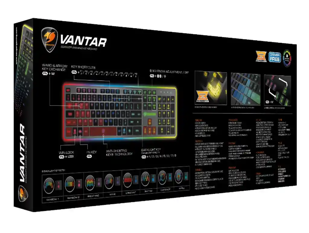 TECLADO GAMER VANTAR USB QWERTY MEMBRANA 8 EFECTOS BACKLIGHT COUGAR