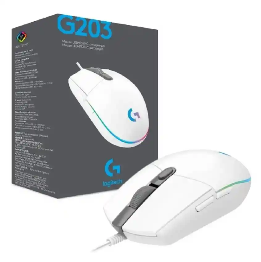 Logitech Mouse Gamer G203 Lightsync Rgb 8000 Dpi Blanco