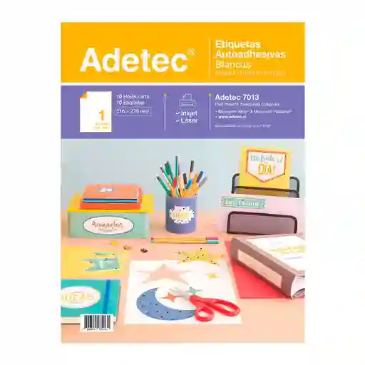 ETIQUETA ADHESIVA BLANCA TAMAÑO CARTA 10 HOJAS ADETEC