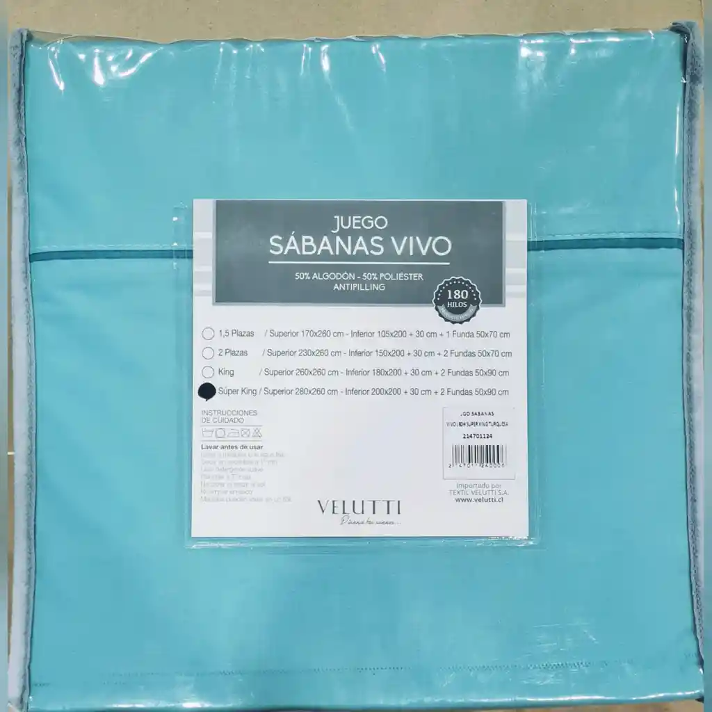 Juego De Sabanas Vivo Super King Turquesa 180 Hilos / 50% Algodón / 50 % Poliester Antipilling Velutti 280*260cm