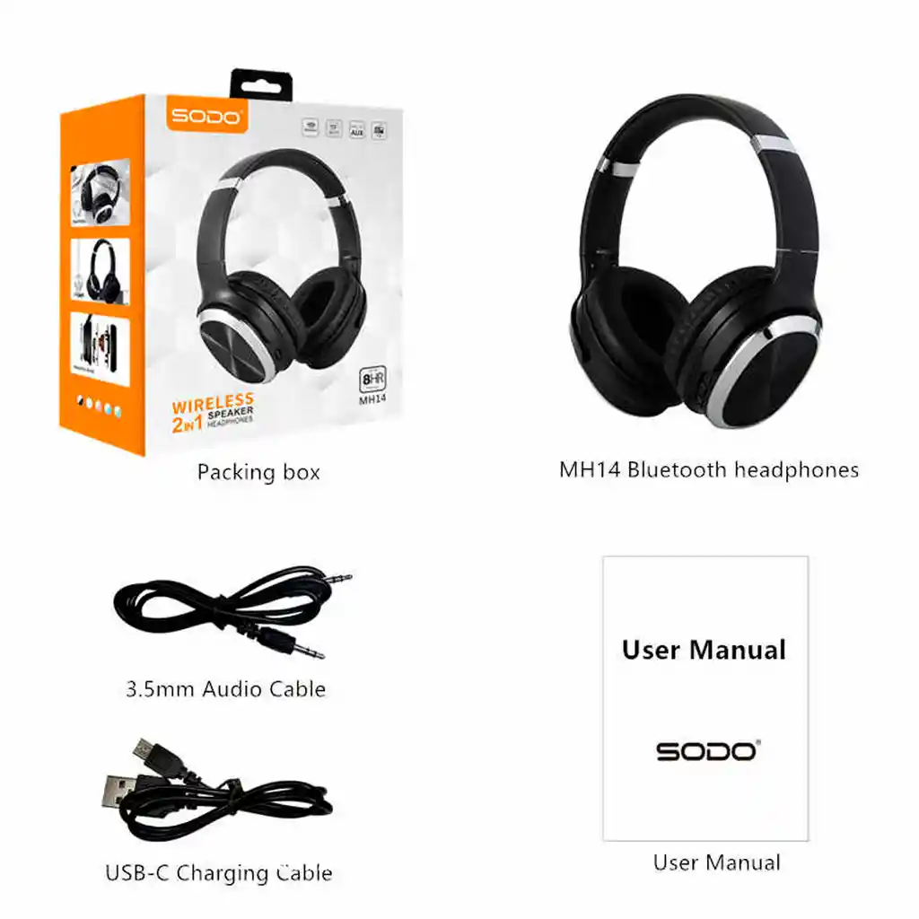 Audífonos Bluetooth Con Parlantes 2 En 1 Wireless Sodo Mh14 Negro