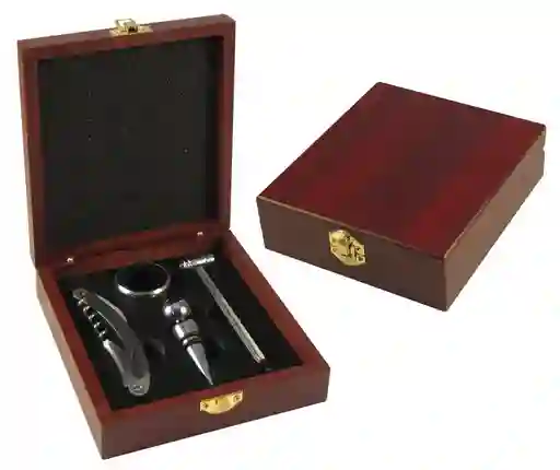 Set De Vino 4 Accesorios En Caja De Madera