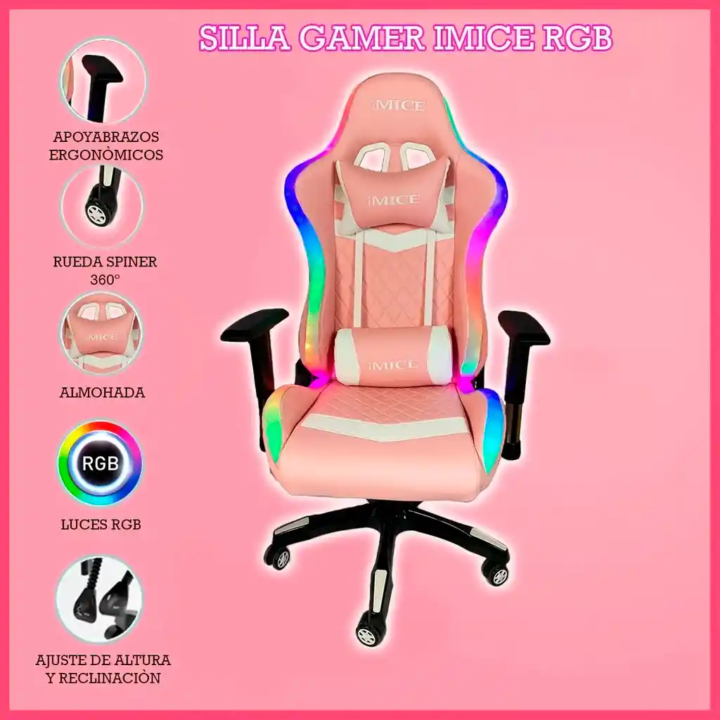 Silla Gamer Profesional Imice Retroiluminada Rgb + Control Rosado