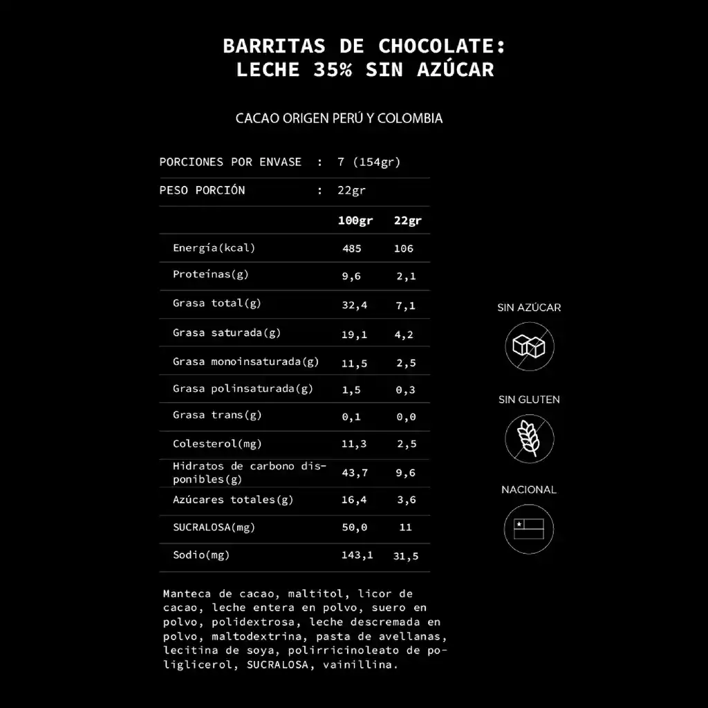 Barritas De Chocolate De Leche, 35% Cacao, Sin Azúcar