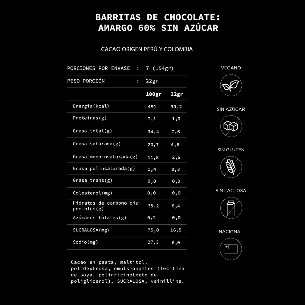 Barritas De Chocolate Semiamargo, 60% Cacao, Sin Azúcar