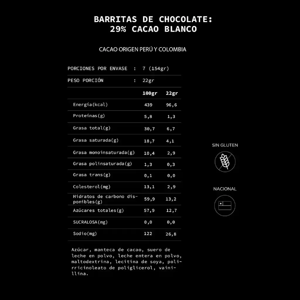 Barritas De Chocolate Blanco, 29% Cacao