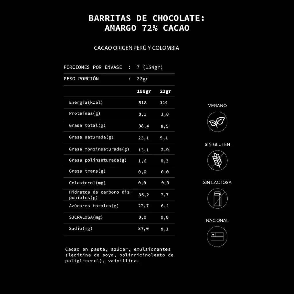 Barritas De Chocolate Amargo, 72% Cacao