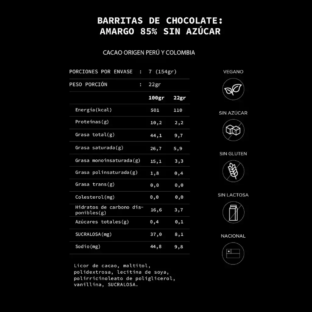 Barritas De Chocolate Amargo, 85% Cacao, Sin Azúcar