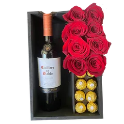 Caja Con Vino Tinto, 8 Rosas Importadas Y 8 Bombones Ferrero Rocher