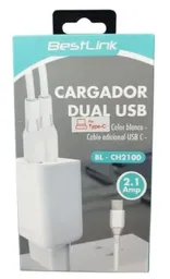 Cargador De Pared Dual Usb, Color Blanco Con Cable Adicional Usb C De 2.1 Amp.