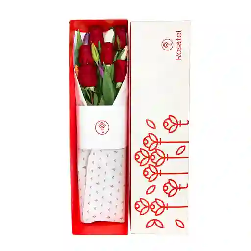 Caja Blanca Con 6 Rosas Rojas Y 6 Tulipanes Variados