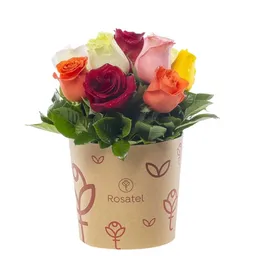 Sombrerera Kraft Mediana Con 10 Rosas Variadas
