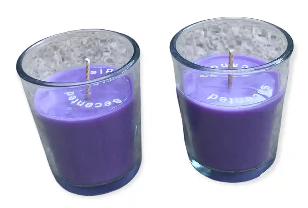 Pack Velas Vaso Vidrio Color Morada Aroma Lavanda