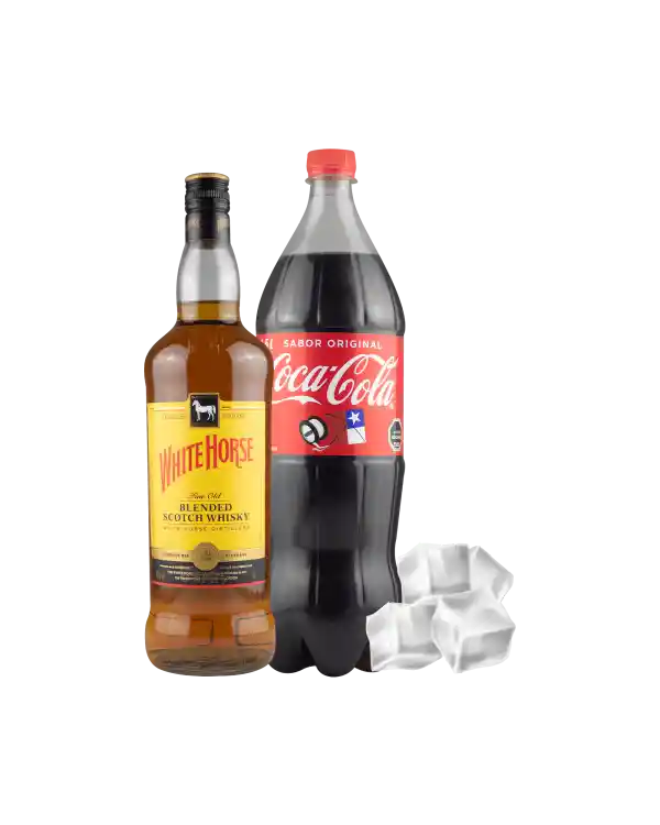 White Horse Whisky750 + Coca 1.5 L + Hielo