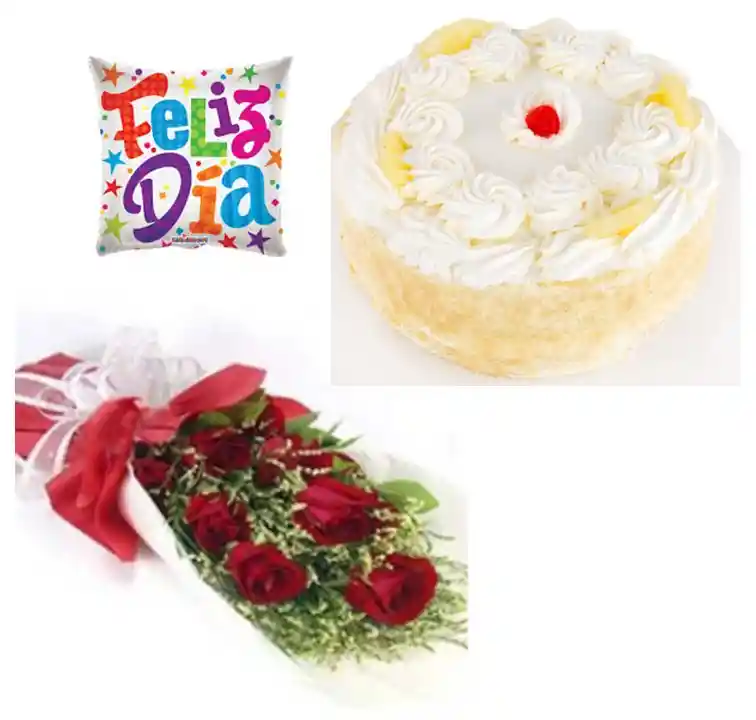 Del Día .Ramo De 6 Rosas. Torta15 Personas Y Globito