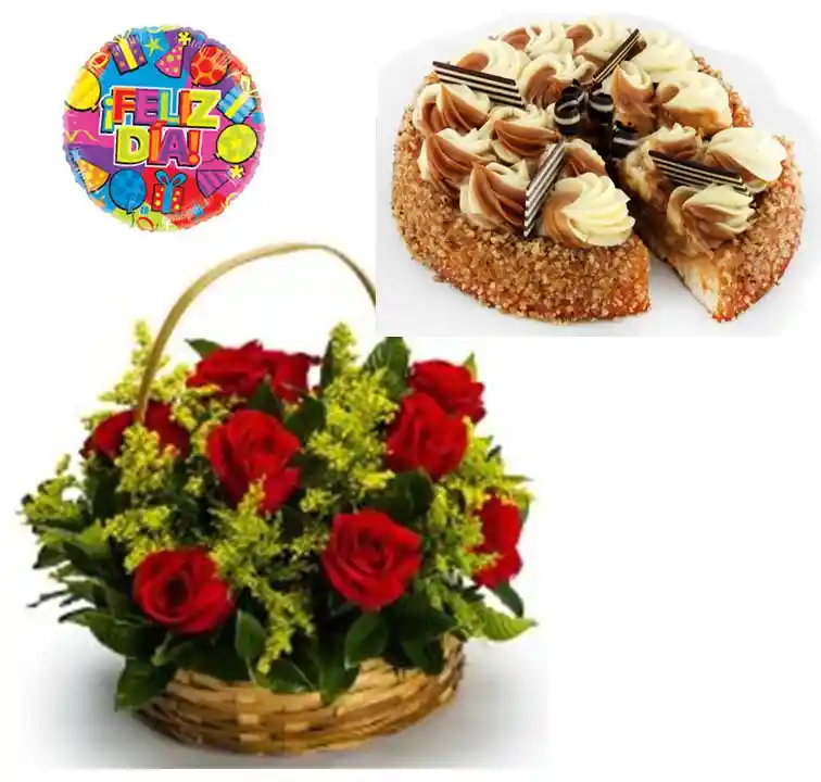 Del Día Canasta De 12 Rosas. Tartaletay Globito
