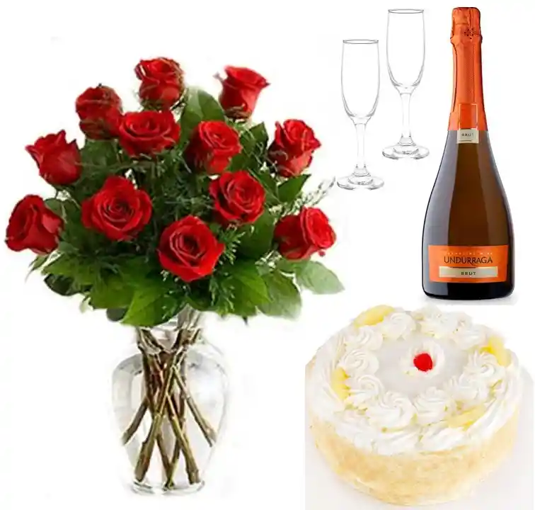 Del Día Florero De 12 Rosas. Champagne 750Cc. 2 Copas Y Tortapara 15 Personas