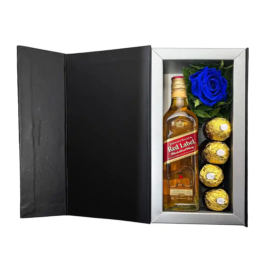 Caja Con Botón De Rosa Preservada Azul, Whisky Red Y Bombones Ferrero