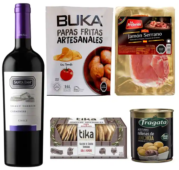 Vino, Jamón Serrano, Papas Artesanales, Galletas Crackers Y Aceitunas