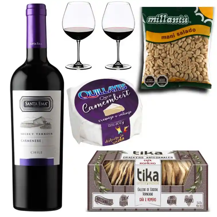 Vino, Queso Camembert, Galletas Crackers, Maní Y Copas