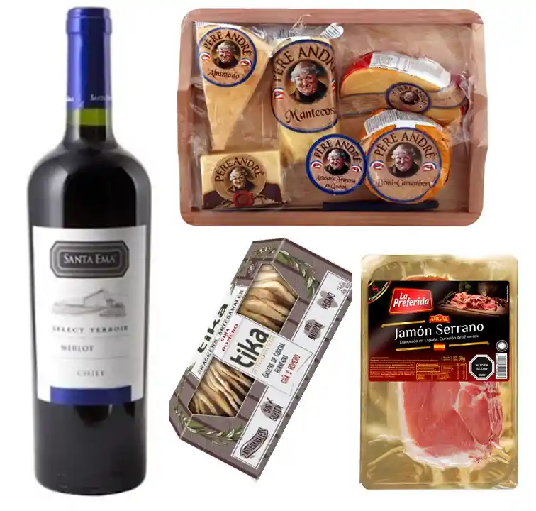 Artesanales Vino 750 Cc, Tabla 5 Quesos, Jamon Serrano, Galletas Crackers