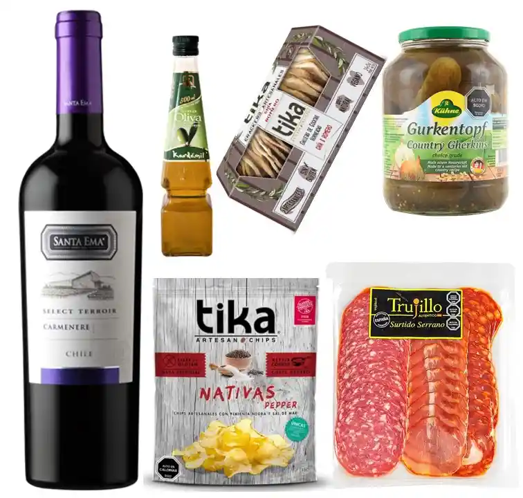 Vino, Surtido Serrano, Galletas Crackers, Papas, Pepinillos Y Aceite