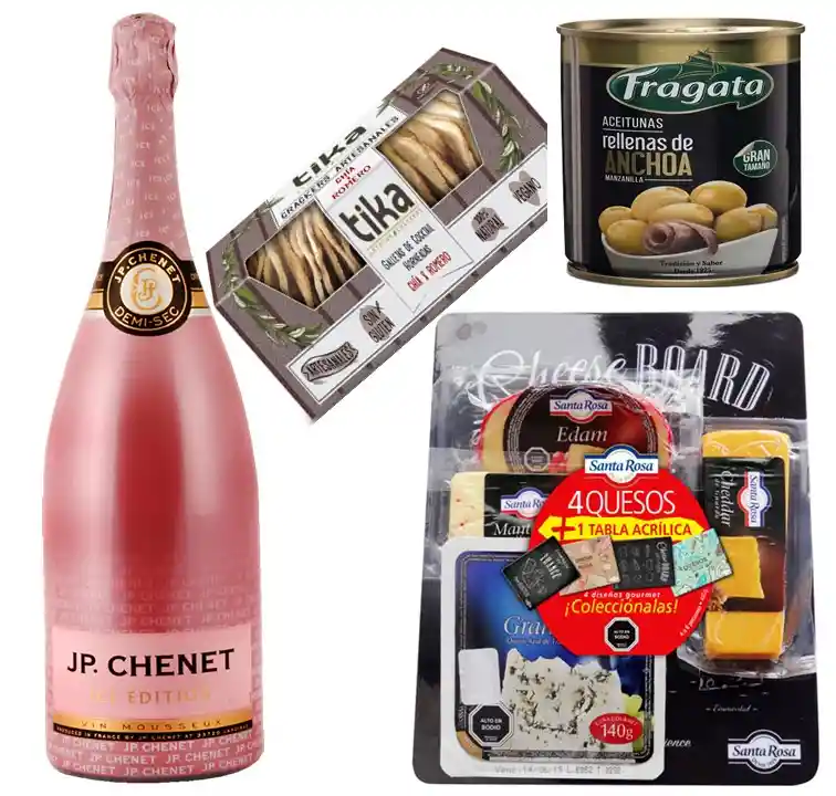 Vino Espumante 1.5 Litros, Tabla 4 Quesos, Aceitunas, Galletas Crackers