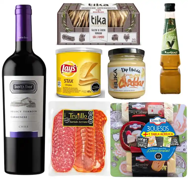 Vino, Tabla 3 Quesos, Surtido Serrano, Galletas Crackers, Papas, Salsa Untable Y Aceite De Oliva