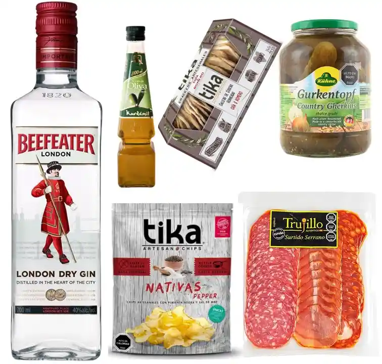 Ginebra, Surtido Serrano, Galletas Crackers, Papas, Pepinillos Y Aceite