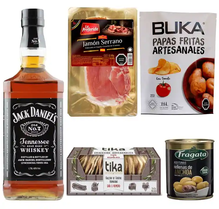 Whisky Jack Daniels, Jamón Serrano, Papas Artesanales, Galletas Crackers Y Aceitunas