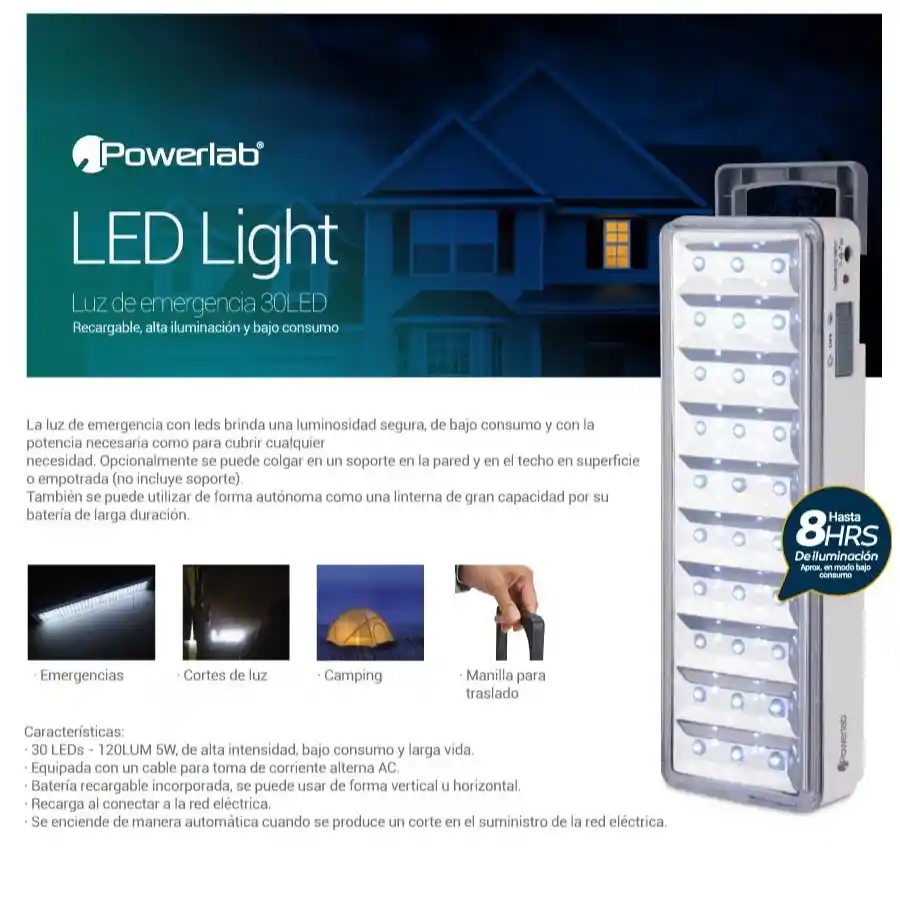 Lampara De Emergencia 30 Led Powerlab Recargable