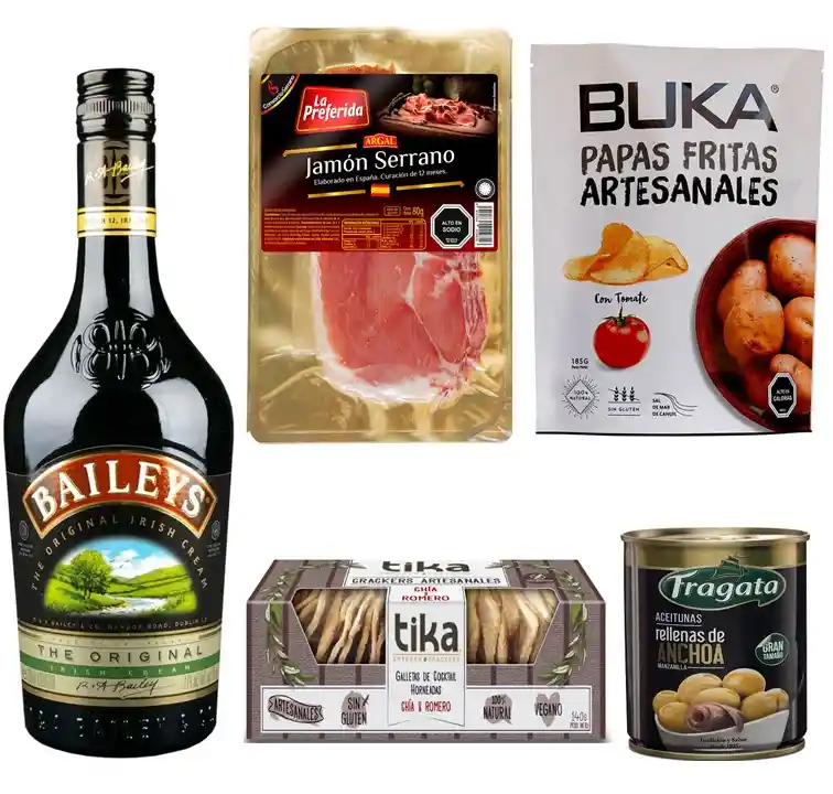 Baileys, Jamón Serrano, Papas Artesanales, Galletas Crackers Y Aceitunas