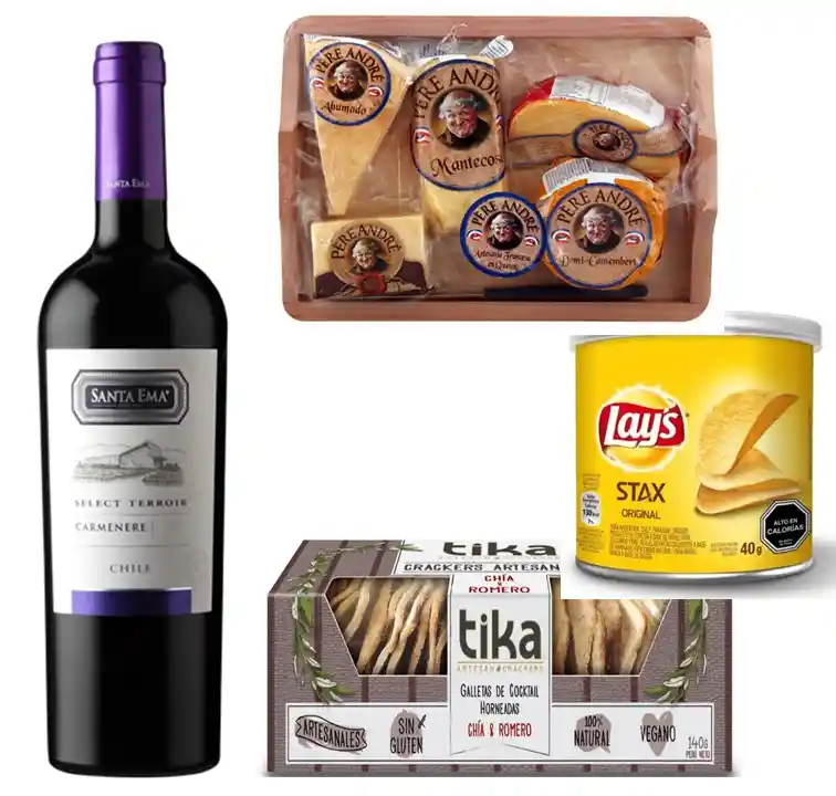 Artesanales Vino 750Cc , Tabla 5 Quesos, Galletas Crackersy Papas Fritas En Tarro